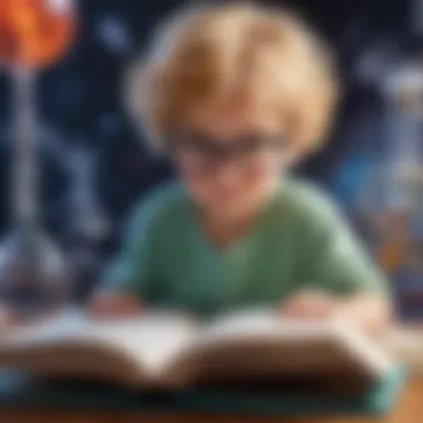 Illustration of a young reader immersed in a book on various scientific topics