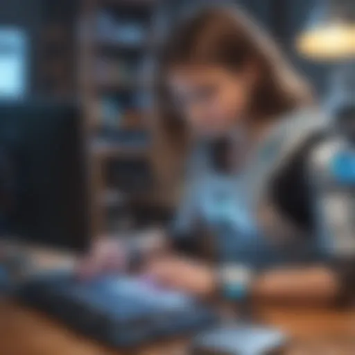 Young girl programming a robot