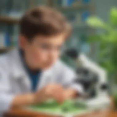 Young boy using a microscope to examine plant cells in a science lab