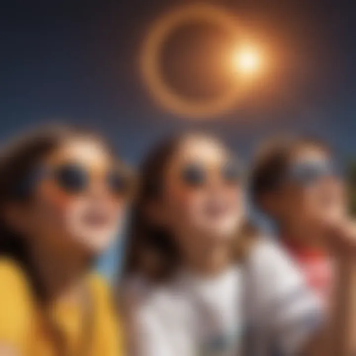 Group of children observing a solar eclipse with protective glasses