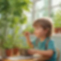 Preschooler observing plant growth