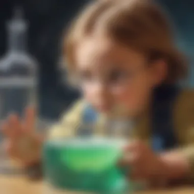 A close-up of a child observing a chemical reaction in a clear container