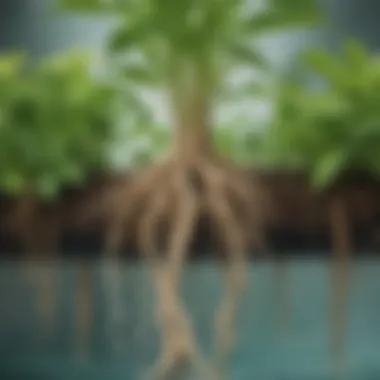 Close-up of plant roots submerged in nutrient-rich water within a hydroponic system.