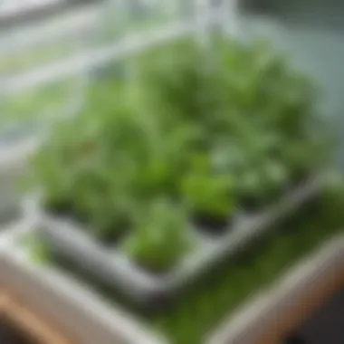 Colorful array of herbs and greens flourishing in a mini hydroponics garden.