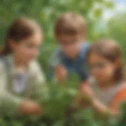 Children examining plants with magnifying glasses