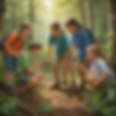 Team-Building in Nature: Collaborative Learning Group of children engaged in a team-building nature challenge