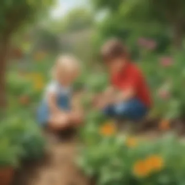 Preschoolers learning about plants in a garden.