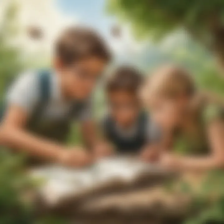 Children observing insects with magnifying glasses.