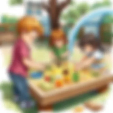 Children engaging with an outdoor sensory table, discovering textures and elements