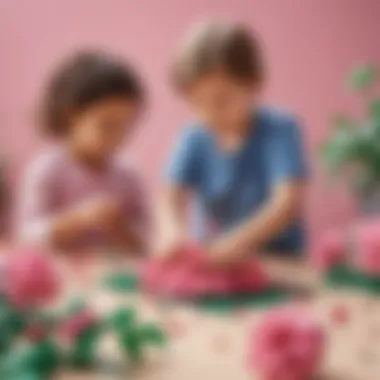 Children engaging in a playful activity, constructing pink LEGO flowers.