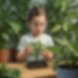 Illustration of a young child interacting with a virtual plant simulation