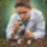 Young scientist examining plant roots under a microscope