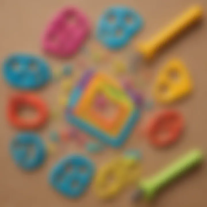 A creative setup with various Play-Doh shapes made using spring mechanism cutters.