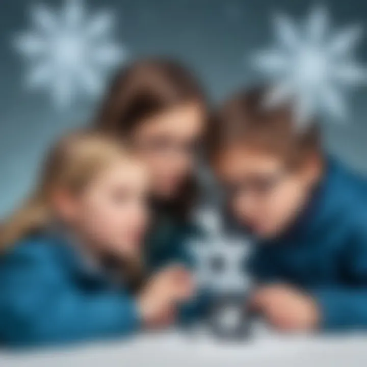 Kids observing snowflake shapes under a microscope