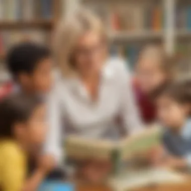 A teacher showing a group of young students how to use printable early reader books