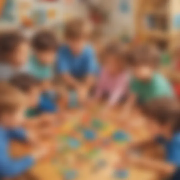 Group of kindergarten children collaborating on a complex puzzle