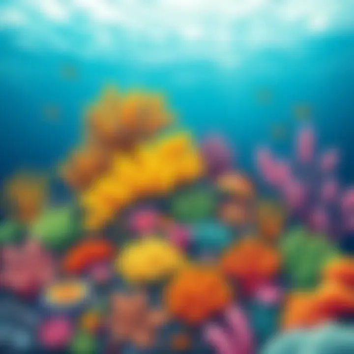 Colorful coral reefs surrounded by diverse saltwater flora