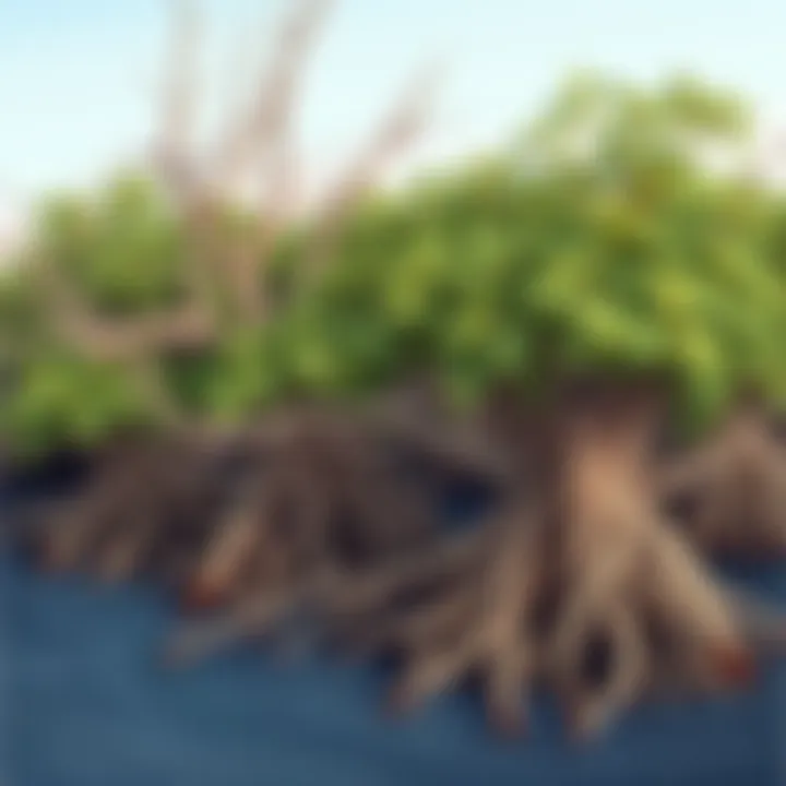 Mangrove trees exhibiting intricate root systems at the water's edge
