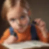 Young child examining a magnifying glass closely