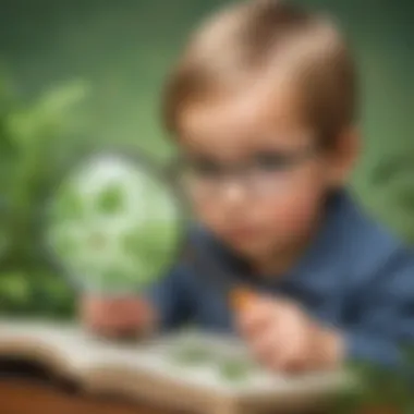 Preschooler observing plant growth with magnifying glass