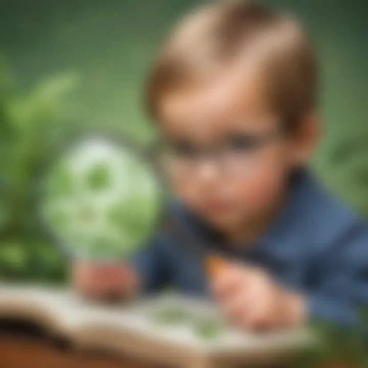 Preschooler observing plant growth with magnifying glass