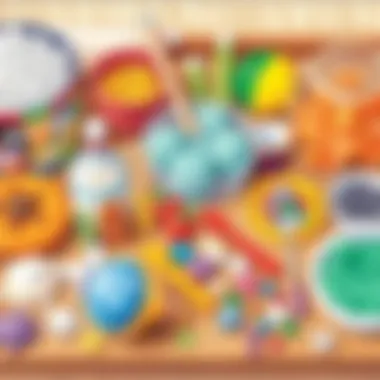 A variety of sensory tub materials displayed on a table