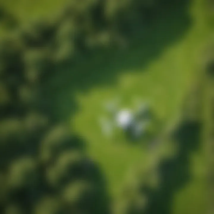 Drone in flight over lush green landscape