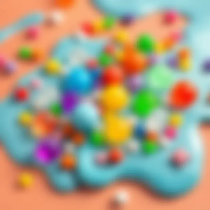 An overview of slime beads in various shapes and sizes spread across a playful surface