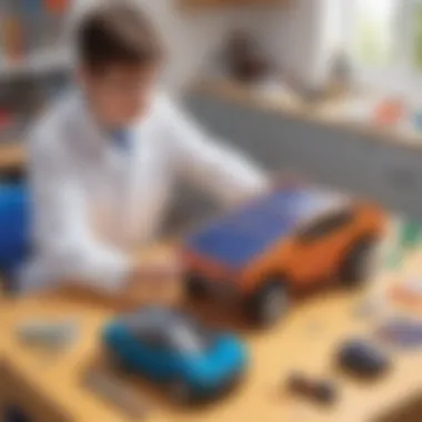 Young Scientist Assembling a Solar Car A child assembling a solar-powered car kit