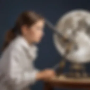 Illustration of a young scientist observing the phases of the moon through a telescope