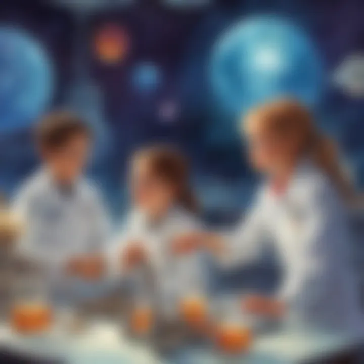 Illustration of children conducting a space-themed experiment in a laboratory