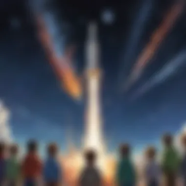 An artistic representation of a rocket launching into space