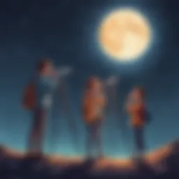 Illustration of young scientists observing the night sky through a telescope