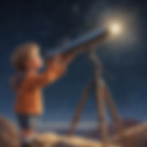 Illustration of a child using a telescope to observe stars