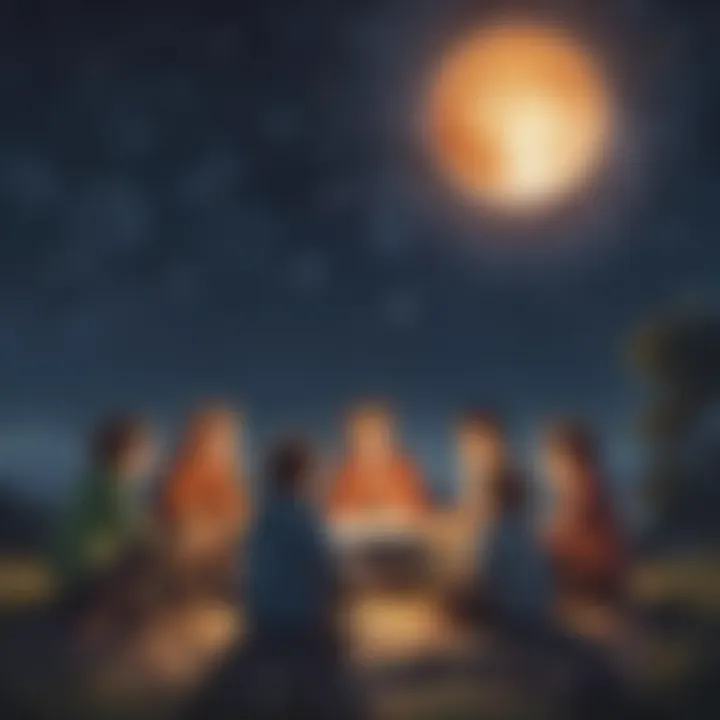 Illustration of a group of children discussing astronomy under the night sky