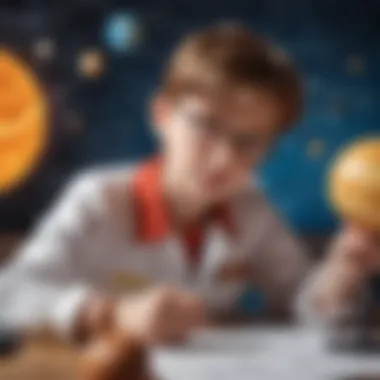 Illustration of a young scientist studying a model of the solar system