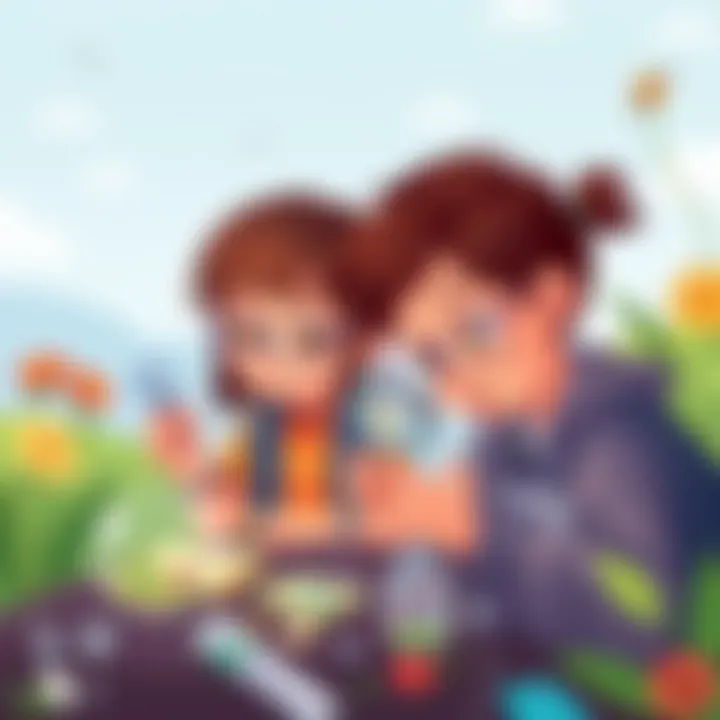 Kids exploring nature with magnifying glasses and science kits