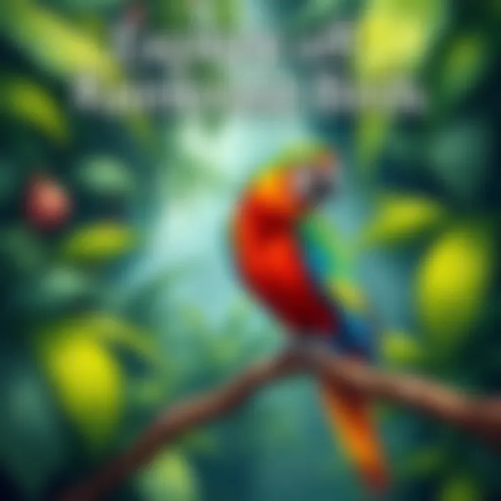 A vibrant parrot perched on a branch in a lush rainforest.