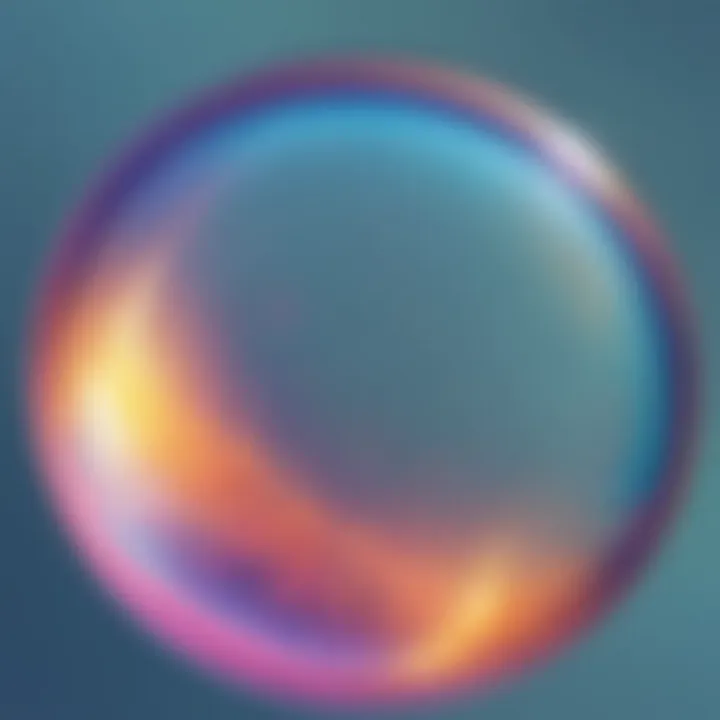 A close-up of bubble solution with shimmering colors reflecting sunlight.