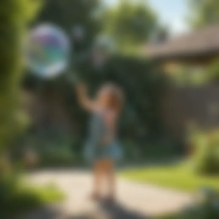 A joyful child experimenting with giant bubbles in an outdoor setting.