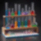 A vibrant chemistry kit displayed with colorful test tubes and equipment.