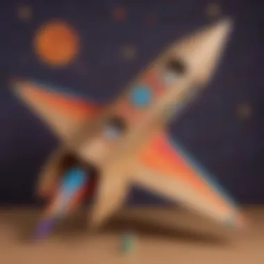 Artistic Expression in Cardboard Construction A cardboard rocket ship decorated with colorful arts and crafts, exemplifying child-led creativity.
