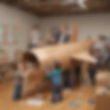 Collaborative Building of a Creative Space Adventure Group of children collaborating to construct a cardboard rocket ship, showcasing teamwork and creativity.