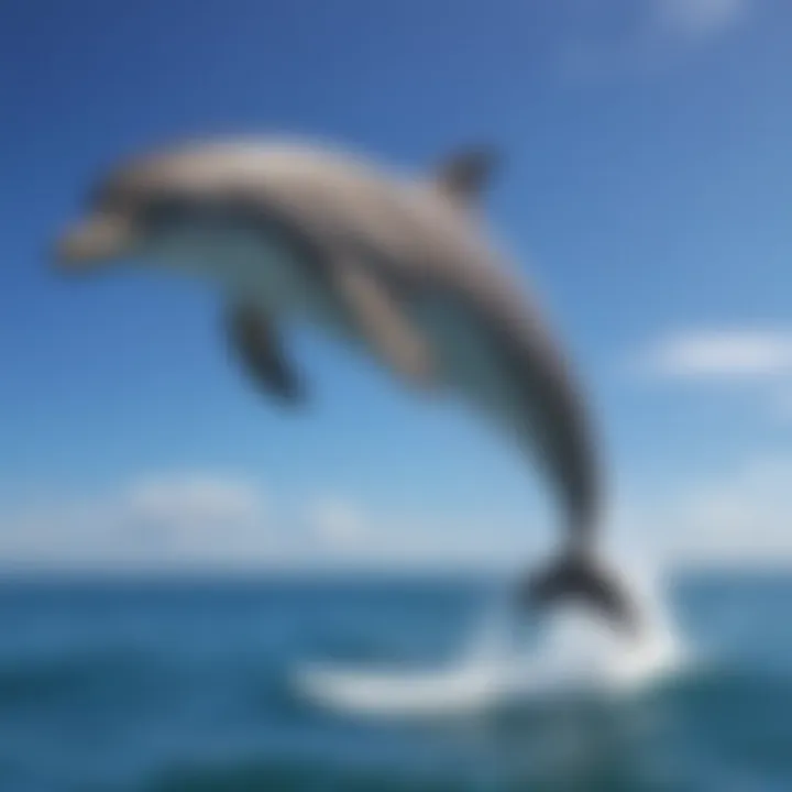 A majestic dolphin leaping out of the water against a clear blue sky