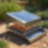 A compact solar oven positioned in a sunlit garden, showcasing its sleek design.