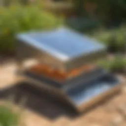 A compact solar oven positioned in a sunlit garden, showcasing its sleek design.