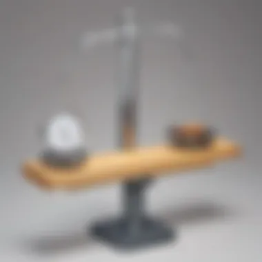 A modern weighing device juxtaposed with a triple balance beam for comparative analysis.