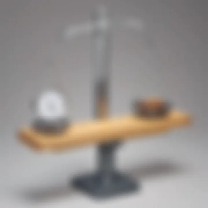 A modern weighing device juxtaposed with a triple balance beam for comparative analysis.
