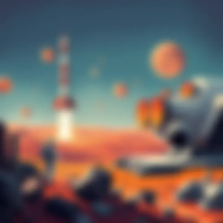 A futuristic concept art showing human and robotic exploration of Mars.