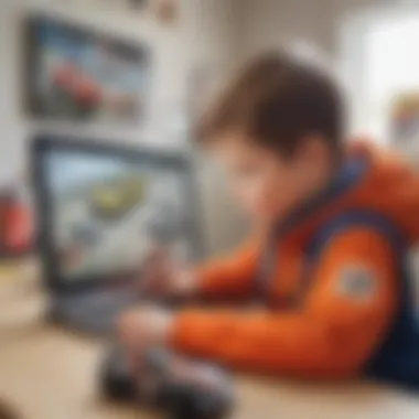 A child engaging with a tablet, watching LEGO racing videos